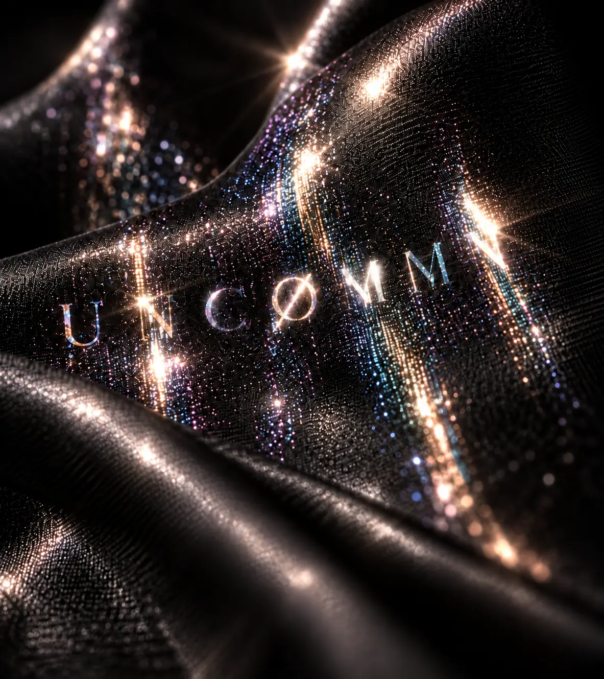 Dark reflective textile revealing UNCØMMN lettering under flash