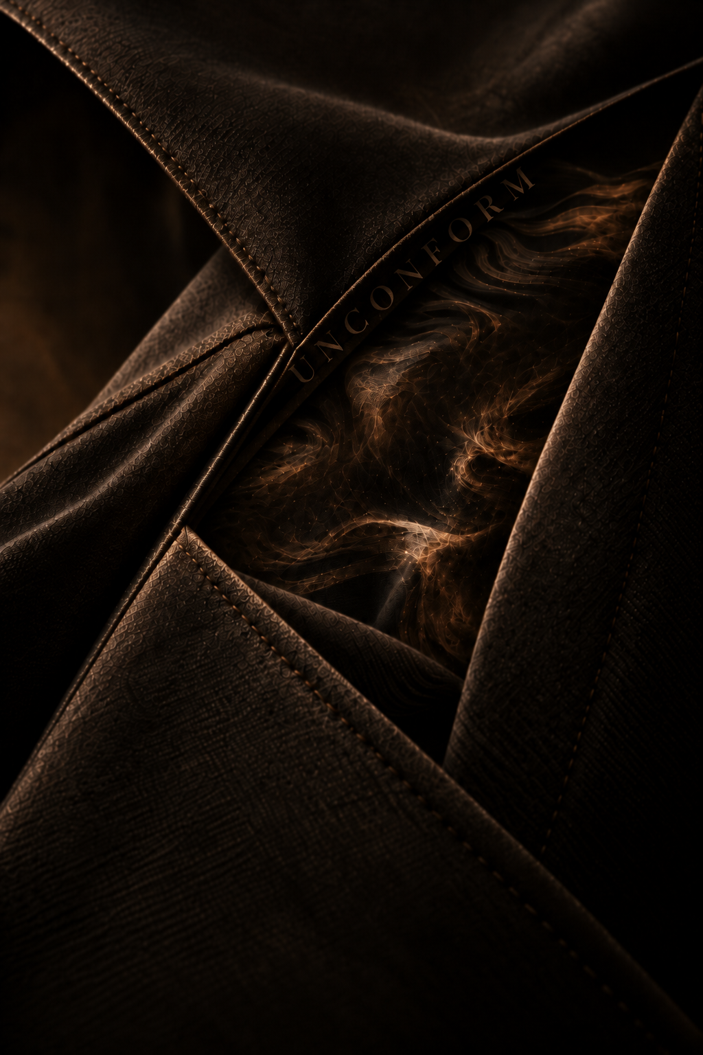 Dark architectural folds concealing lettering and bronze light