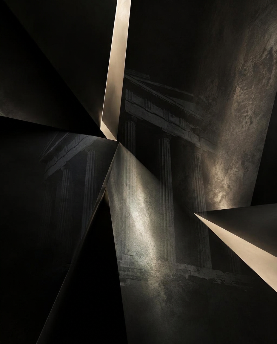 Fragmented black planes holding a faint architectural memory